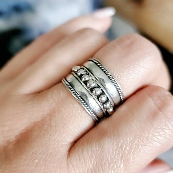 Concave Ring, Sterling Silver Ring, Beaded Wide Band Ring, Thin Lightweight - Picture 6 of 6